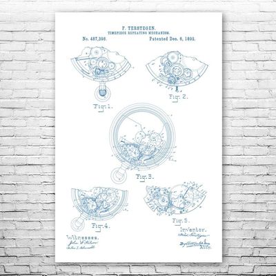Pocket Watch Repeater Poster Print, Jeweler Gift, Watch Blueprint, Clockmaker Gift, Pocket Watch Design, Horology Gifts Blue & White (24 inch x 36 inch)