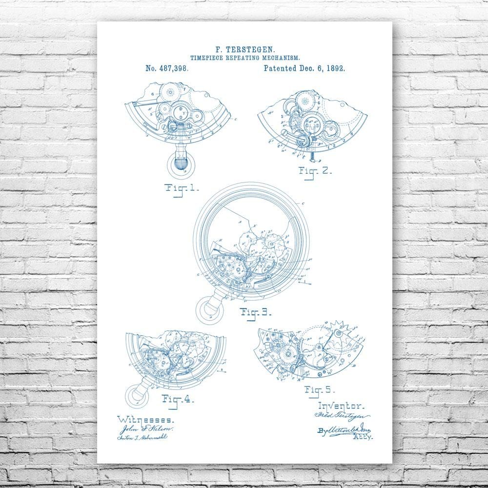 Pocket Watch Repeater Poster Print, Jeweler Gift, Watch Blueprint, Clockmaker Gift, Pocket Watch Design, Horology Gifts Blue & White (24 inch x 36 inch)