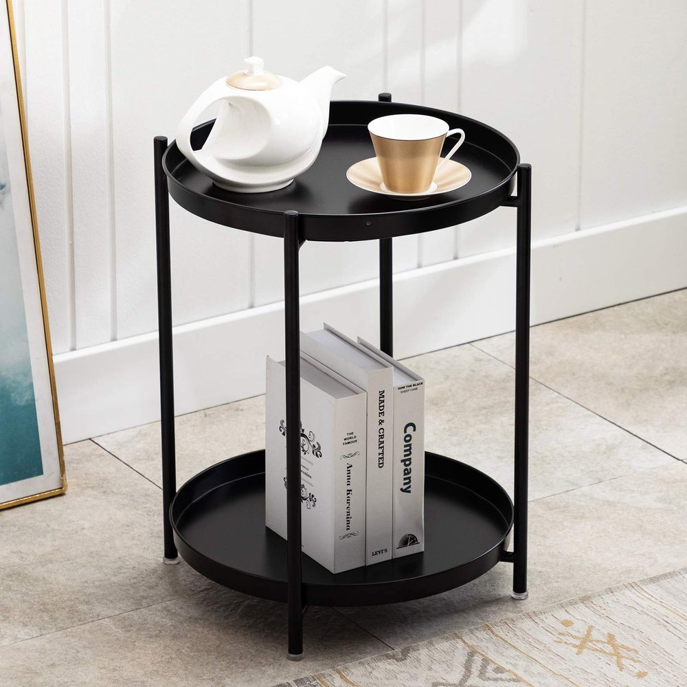 Artechworks Metal End Table Side Table,2-Tier Removable Trays Round Coffee Table,Nightstand Bedside Table,Sofa Table Drink Snack Table for Living Room,Bedroom,Home Office,Black(44.5H53cm)