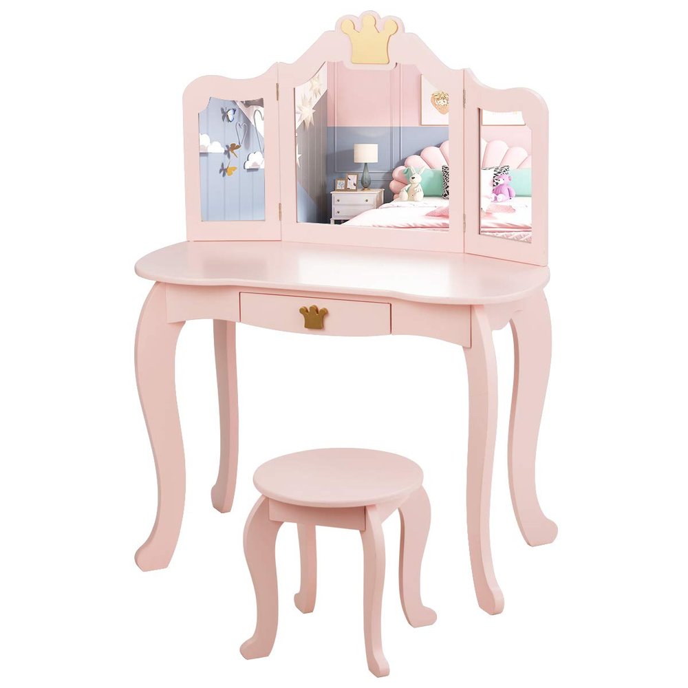 Costzon Kids Vanity Table and Chair Set, Princess Makeup Dressing Table with Drawer & Tri-Folding Mirror, 2 in 1 Vanity Set with Detachable Top, Pretend Beauty Play Vanity Set for Girls (Pink)