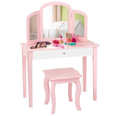 Costzon Kids Vanity, Girls Vanity Set with Tri-Folding Mirror, Stool, Storage Drawer, Princess Toddler Makeup Vanity Desk Dressing Table, Wooden Kids Vanity Table and Chair Set (Pink)
