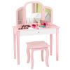Costzon Kids Vanity, Girls Vanity Set with Tri-Folding Mirror, Stool, Storage Drawer, Princess Toddler Makeup Vanity Desk Dressing Table, Wooden Kids Vanity Table and Chair Set (Pink) view 1