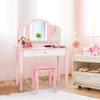 Costzon Kids Vanity, Girls Vanity Set with Tri-Folding Mirror, Stool, Storage Drawer, Princess Toddler Makeup Vanity Desk Dressing Table, Wooden Kids Vanity Table and Chair Set (Pink) view 2