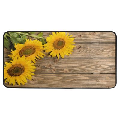Anti Fatigue Kitchen Floor Mat, 39 x 20 in Vintage Non Slip Absorbent Comfort Modern Standing Mat Soft Kitchen Runner Rug for Hallway Entryway Bathroom Living Room Bedroom Sunflowers On Wooden