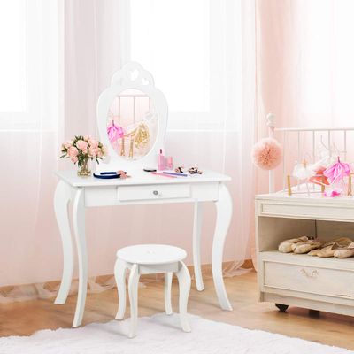 Costzon Kids Vanity, Girls Vanity Set with Mirror and Stool, Storage Drawer, Princess Toddler Makeup Vanity Desk Dressing Table, Wooden Kids Vanity Table and Chair Set (White)