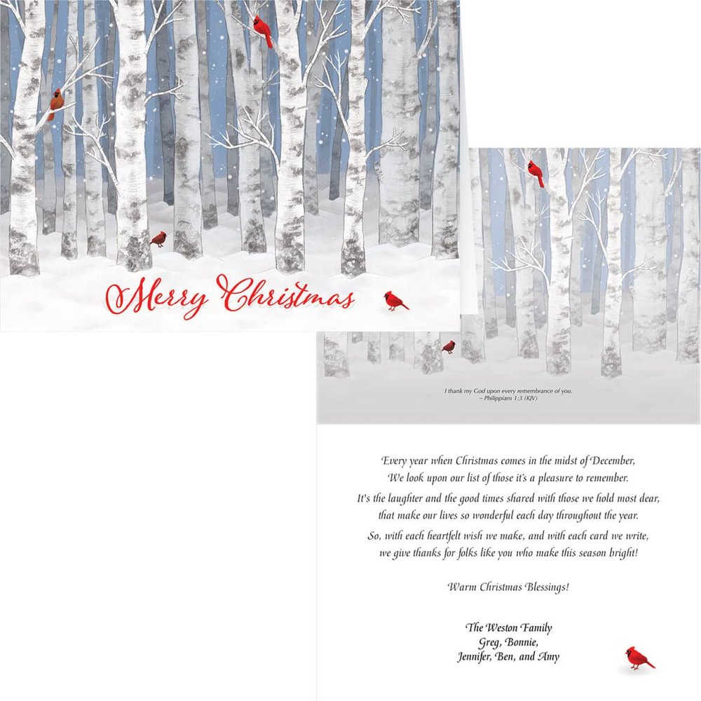Fox Valley Traders Custom Snowy Birch Christmas Cards Set of 20, Card Only Personalization