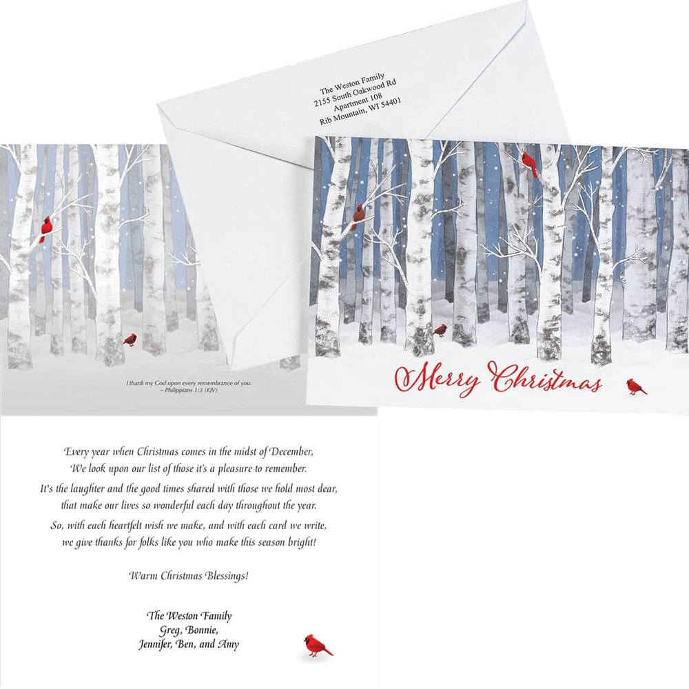 Fox Valley Traders Custom Snowy Birch Christmas Cards Set of 20, Card and Back of Envelope Personalization