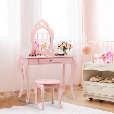 Costzon Kids Vanity, Girls Vanity Set with Mirror and Stool, Storage Drawer, Princess Toddler Makeup Vanity Desk Dressing Table, Wooden Kids Vanity Table and Chair Set (Pink)