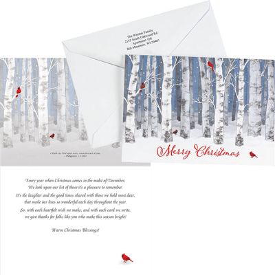 Fox Valley Traders Custom Snowy Birch Christmas Cards Set of 20, Back of Envelope Personalization Only