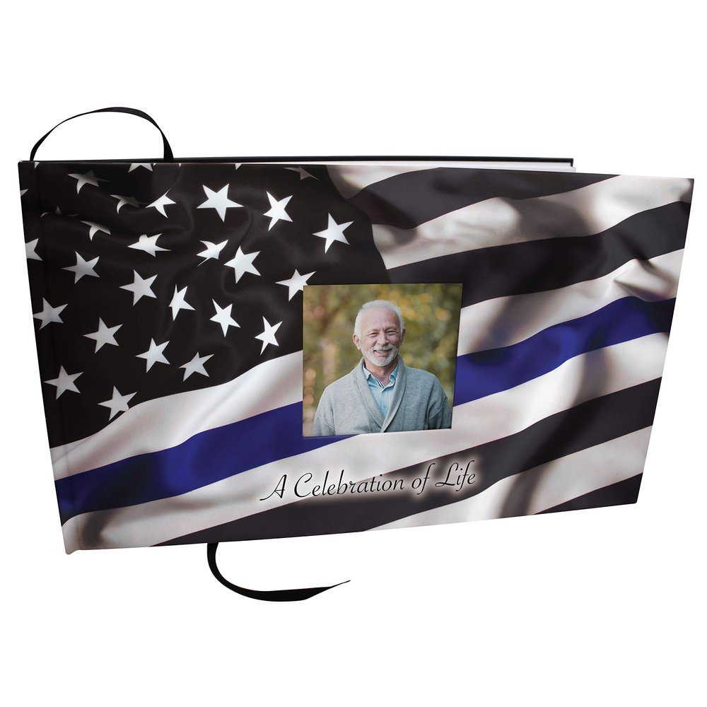 COMMEMORATIVE CREMATION URNS Blue Line Flag Police Photo Funeral Guest Book for Memorial Service and Celebration of Life Guest Book for Memorial Service - Beautiful & Vibrant Sign in Book for Funeral