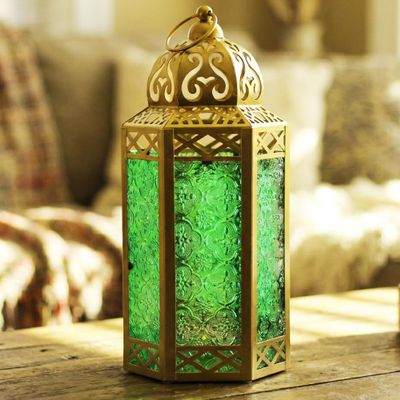 VELA LANTERNS 12" Gold Metal Moroccan Decorative Candle Lantern Holder for Hanging or Table Centerpieces, Exotic Indoor Home Decor, Outdoor Patio or Porch, Weddings, Ramadan, Green Glass, Large
