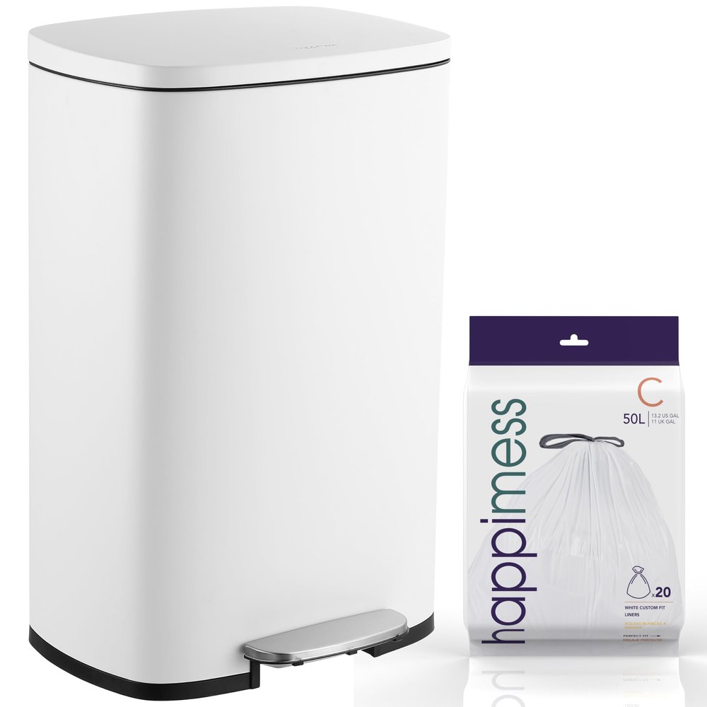 happimess HPM1006C Connor Rectangular Trash Can with Soft-Close Lid and Free Mini Trash Can, Modern Fingerprint Proof for Home, Kitchen, Office, Large:12.98 Gallon Small:1.3 Gallon, White