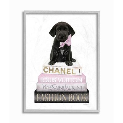 Stupell Industries Black Puppy with Pink Bow on Glam Book Stack