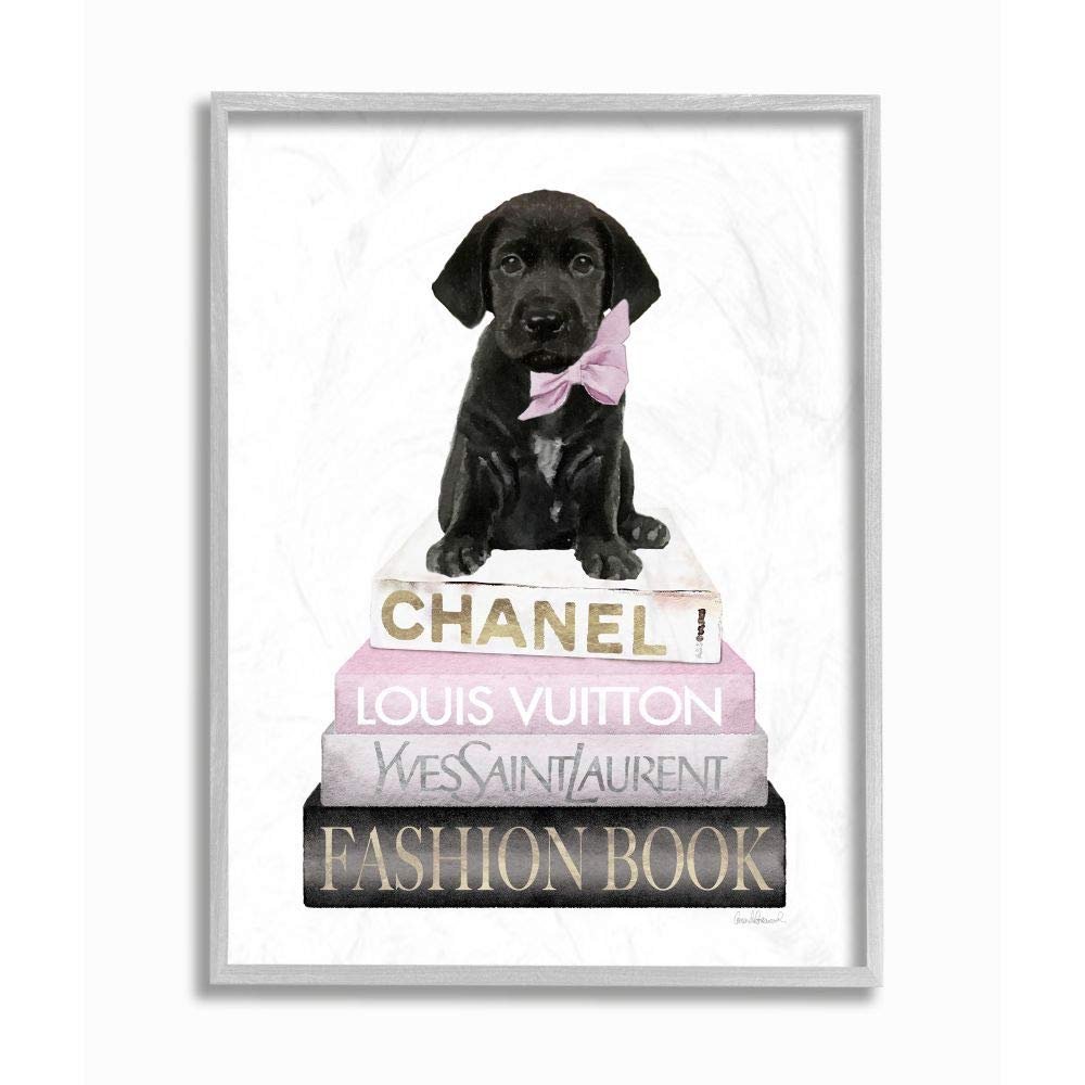 Stupell Industries Black Puppy with Pink Bow on Glam Book Stack