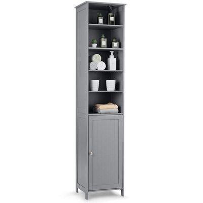 Tangkula Slim Tall Bathroom Storage Tower, 72" H with Adjustable Shelves & Cupboard, Space Saving Narrow Cabinet for Bathroom (Gray)