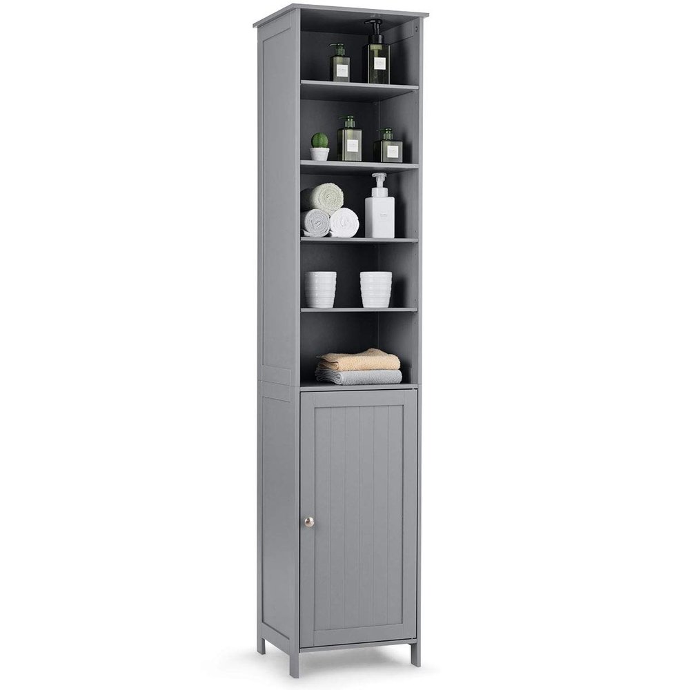 Tangkula Slim Tall Bathroom Storage Tower, 72" H with Adjustable Shelves & Cupboard, Space Saving Narrow Cabinet for Bathroom (Gray)
