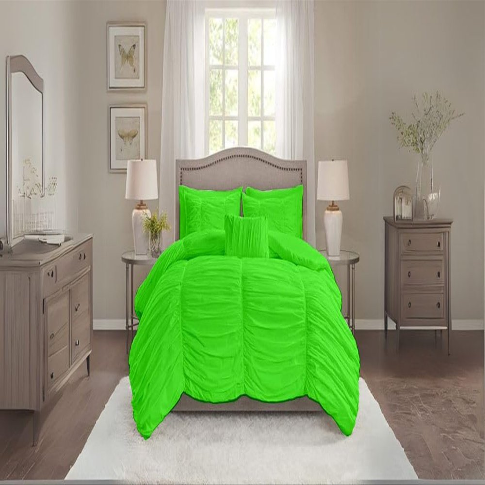 BedDecor 3 Piece Ruched Pattern Duvet Set with Zipper & Corner Ties 100% Egyptian Cotton 500 Thread Count Premium Hotel Quality Decorative Bedding(Full/Queen, ParrotGreen)