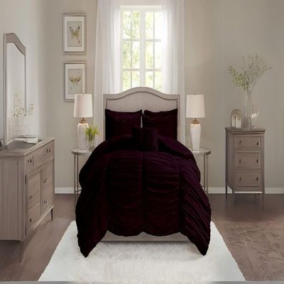 BedDecor 3 Piece Ruched Pattern Duvet Set with Zipper & Corner Ties 100% Egyptian Cotton 500 Thread Count Premium Hotel Quality Decorative Bedding(Twin/TwinXL, Wine)