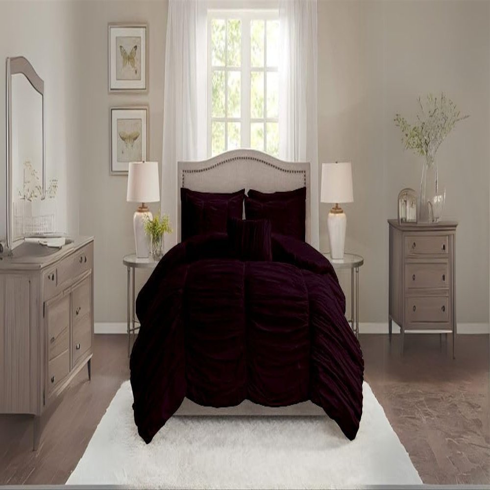 BedDecor 3 Piece Ruched Pattern Duvet Set with Zipper & Corner Ties 100% Egyptian Cotton 500 Thread Count Premium Hotel Quality Decorative Bedding(Twin/TwinXL, Wine)