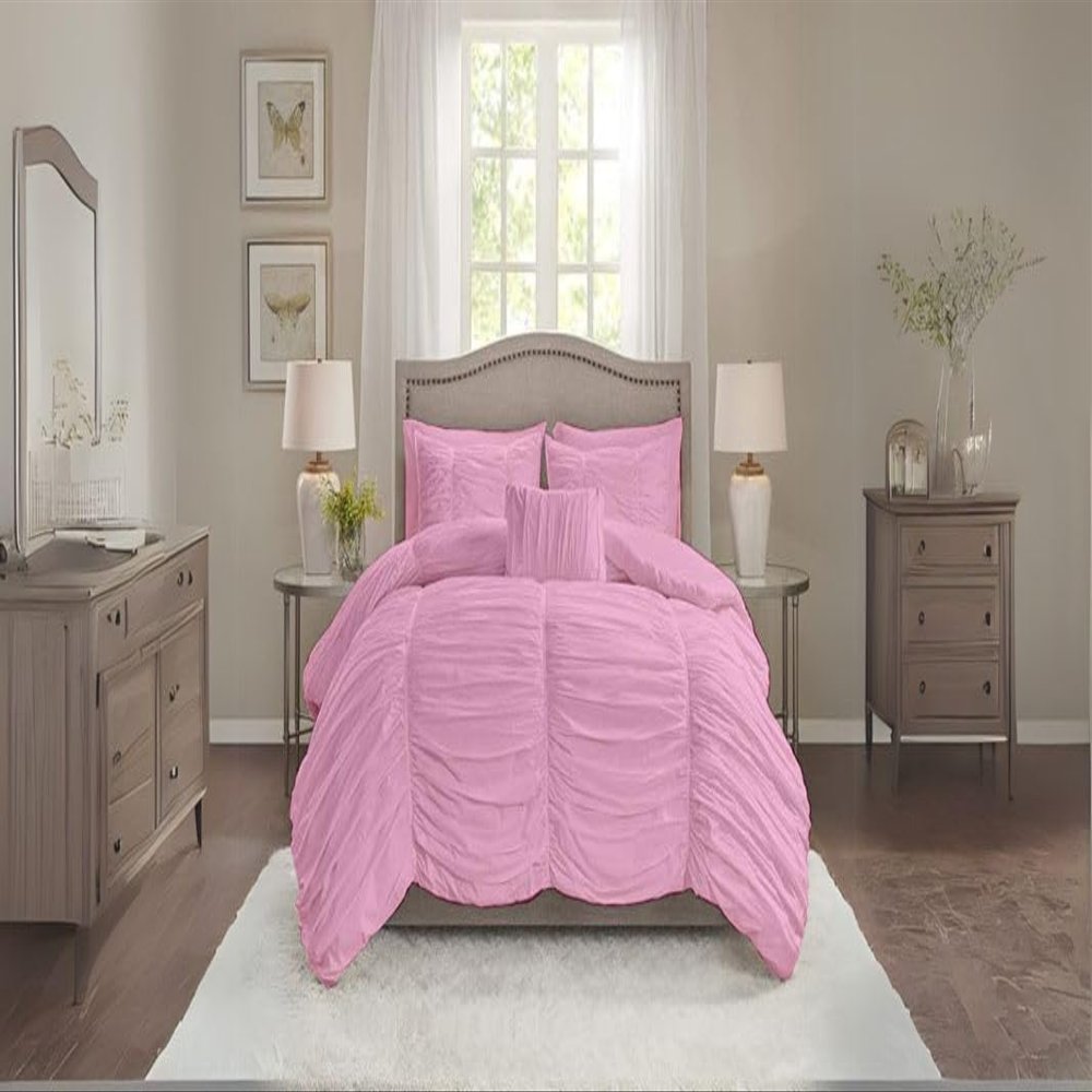 BedDecor 3 Piece Ruched Pattern Duvet Set with Zipper & Corner Ties 100% Egyptian Cotton 500 Thread Count Premium Hotel Quality Decorative Bedding(King/California King, Pink)