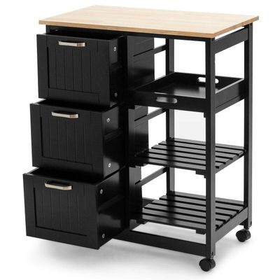 LHONE Rolling Kitchen Island Cart 3-Tier Industrial Wood Trolley Serving Cart Storage Cabinet Utility Cart on Wheels & Three Storage Drawers (Black)