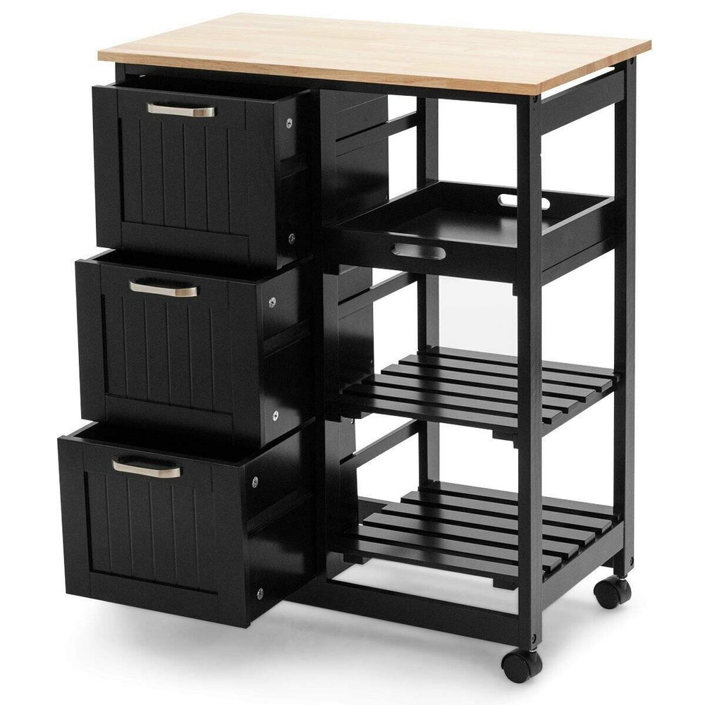 LHONE Rolling Kitchen Island Cart 3-Tier Industrial Wood Trolley Serving Cart Storage Cabinet Utility Cart on Wheels & Three Storage Drawers (Black)