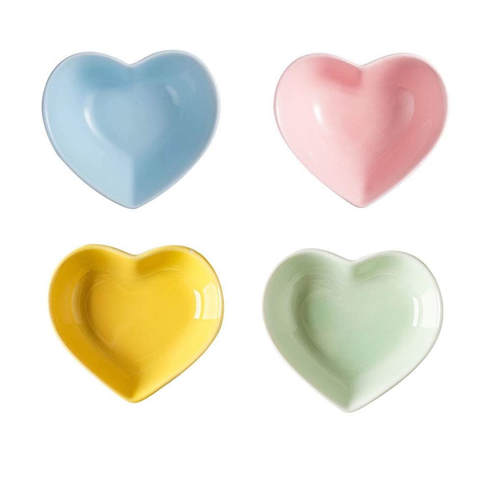Ceramic Heart Shape Sauce Dish,Multipurpose Mini Seasoning Dishes Sushi Dipping Bowl Appetizer Plates Serving Dish Saucers Bowl Love Wedding Gift (Set of 4) (Multicolor)