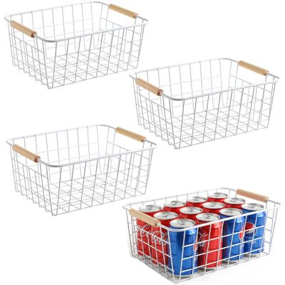 Aeggplant Kitchen Wire Baskets Farmhouse Decor Metal Food Storage Organizer,Household Refrigerator Bin with Built-in Handles for Cabinets, Pantry,Bathroom 4 Packs (white)