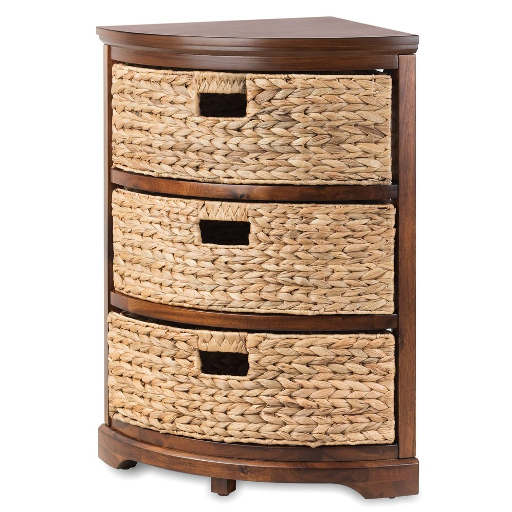 eHemco Hampton Meadows 3 Tier X-Side Corner Table Storage Cabinet with 3 Wicker Baskets, Walnut