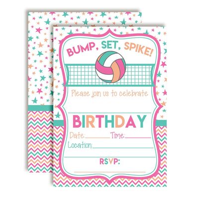 Bump, Set, Spike Volleyball Themed Birthday Party Invitations for Girls, 20 5x7 Fill In Cards with Twenty White Envelopes by AmandaCreation