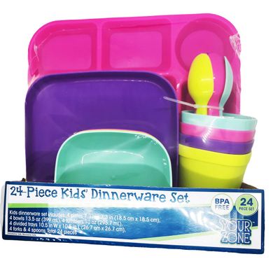 24-Piece Kids' Dinnerware Set, BPA Free, Mixed Colors, Dishwasher safe, Microwave safe