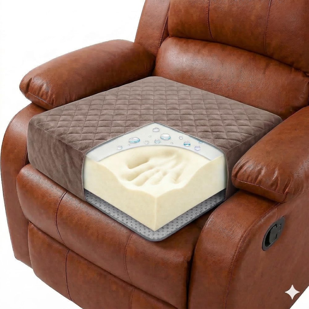 COMFORTANZA Large Soft 20x20x5 Polyurethane Foam Recliner Chair Seat Cushion for Long Sitting - Washable Velvety Cover with Waterproof Layer, Non-Slip Base - Tailbone Pain & Pressure Relief - Brown