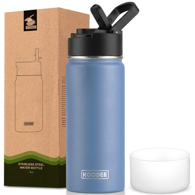 koodee Kids 16 oz Stainless Steel Double Wall Vacuum Insulated Wide Mouth Sports Water Bottle with Straw, Reusable Metal Water Flask for School, BPA Free (Royal Blue)