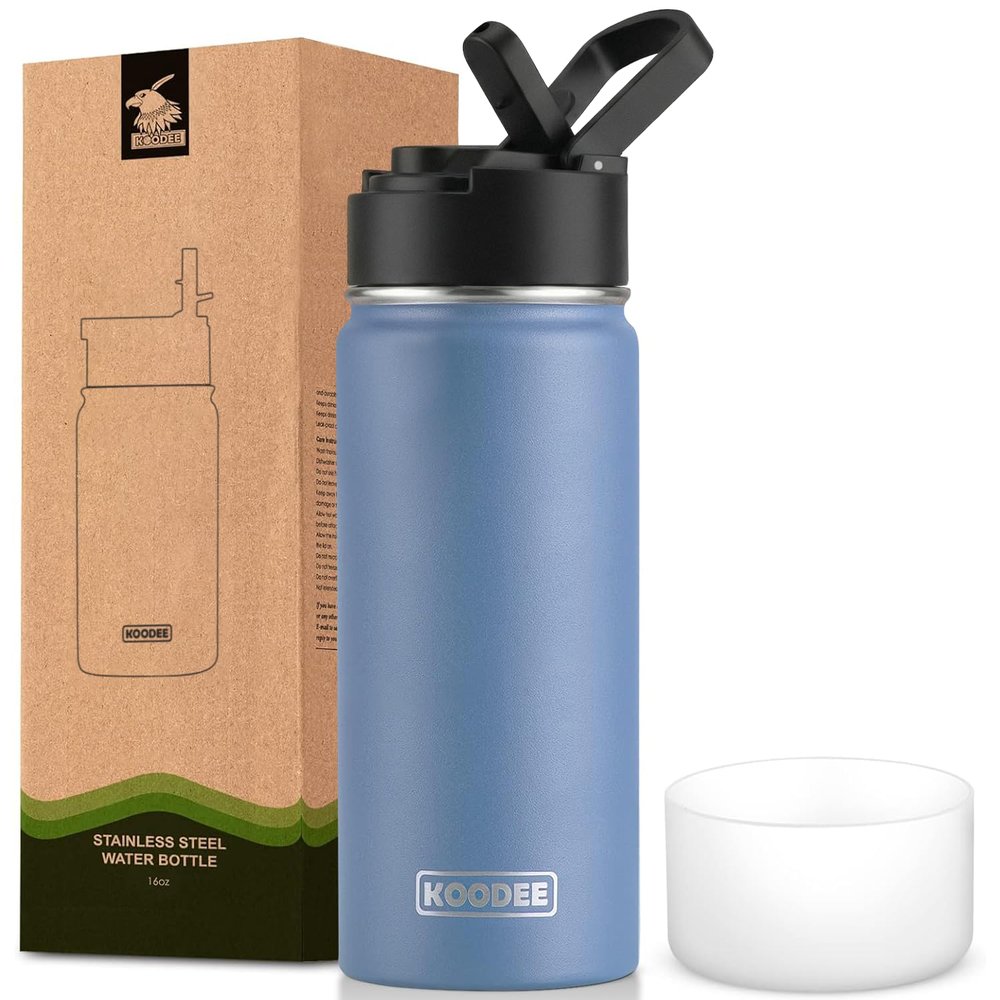 koodee Kids 16 oz Stainless Steel Double Wall Vacuum Insulated Wide Mouth Sports Water Bottle with Straw, Reusable Metal Water Flask for School, BPA Free (Royal Blue)