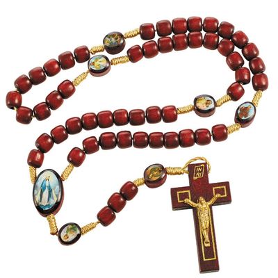Autom Wooden Rosary - 12 Catholic Prayer Beads Polished Wood Bead Rosaries with Crucifix, 14.5", Images of Saints