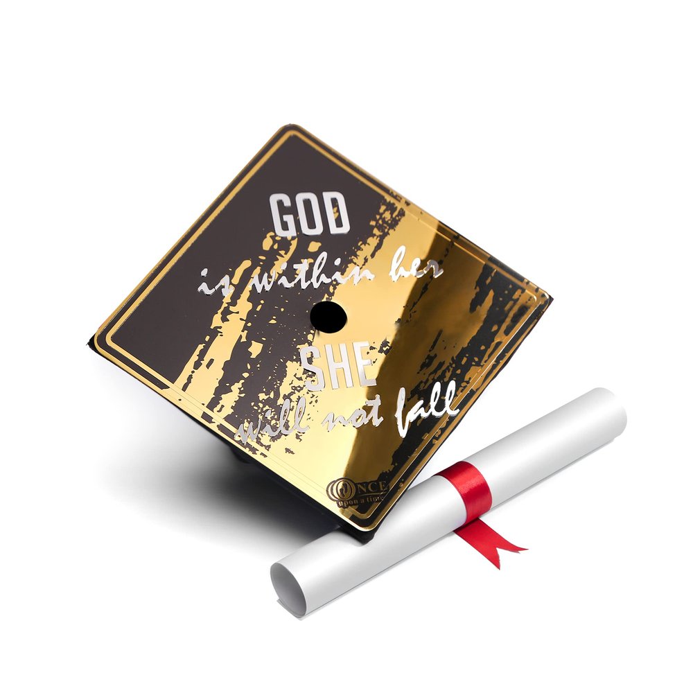 GRADWYSE Graduation Cap Topper, Grad Cap Decorations, Class of 2025 Grad Cap Topper, God is Within her She Will Not Fall (Gold)