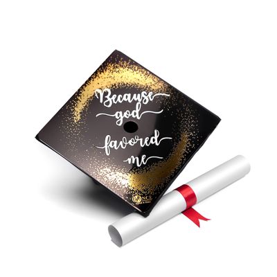 GRADWYSE Graduation Cap Topper, Class of 2024, Because God Favored Me (Black)