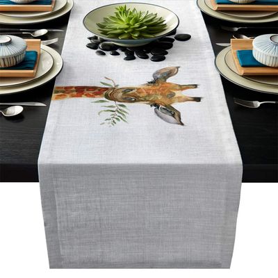 Futuregrace Modern Linen Table Runner Watercolor Style Giraffe Eating Leaves Decortaive Table Runners for Wedding Kitchen Dressers Thanksgiving Christmas Halloween Parties Heat Resistant