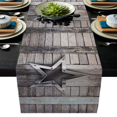 Modern Linen Table Runner Iron Five-pointed Star Vintage Wooden Board Decortaive Table Runners for Wedding Kitchen Dressers Thanksgiving Christmas Halloween Parties Heat Resistant