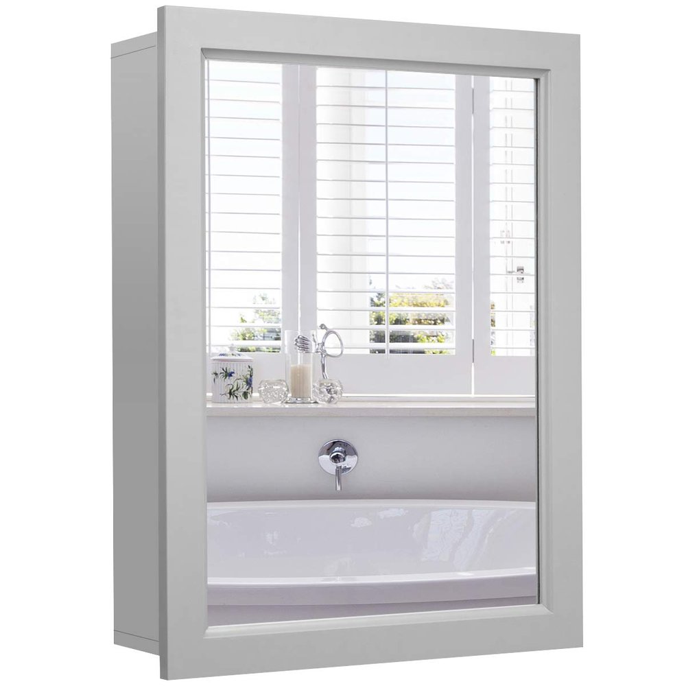 Tangkula Mirrored Bathroom Cabinet, Wall Mount Storage Cabinet with Single Doors, Hanging Medicine Cabinet for Bathroom (Gray)