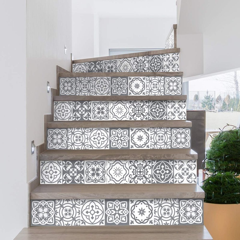 Ambiance Sticker Berto Stair Sticker | White Geometric Modern Staircase Tile Sticker 2 Strips x 15 x 105 cm Vinyl, Waterproof, Odour Resistant, For Wood Surfaces