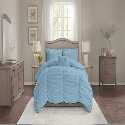 BedDecor 1 Piece Ruched Pattern Duvet Cover with Zipper & Corner Ties 100% Egyptian Cotton 500 Thread Count Premium Hotel Quality Decorative Bedding (Light Blue,Oversized King)