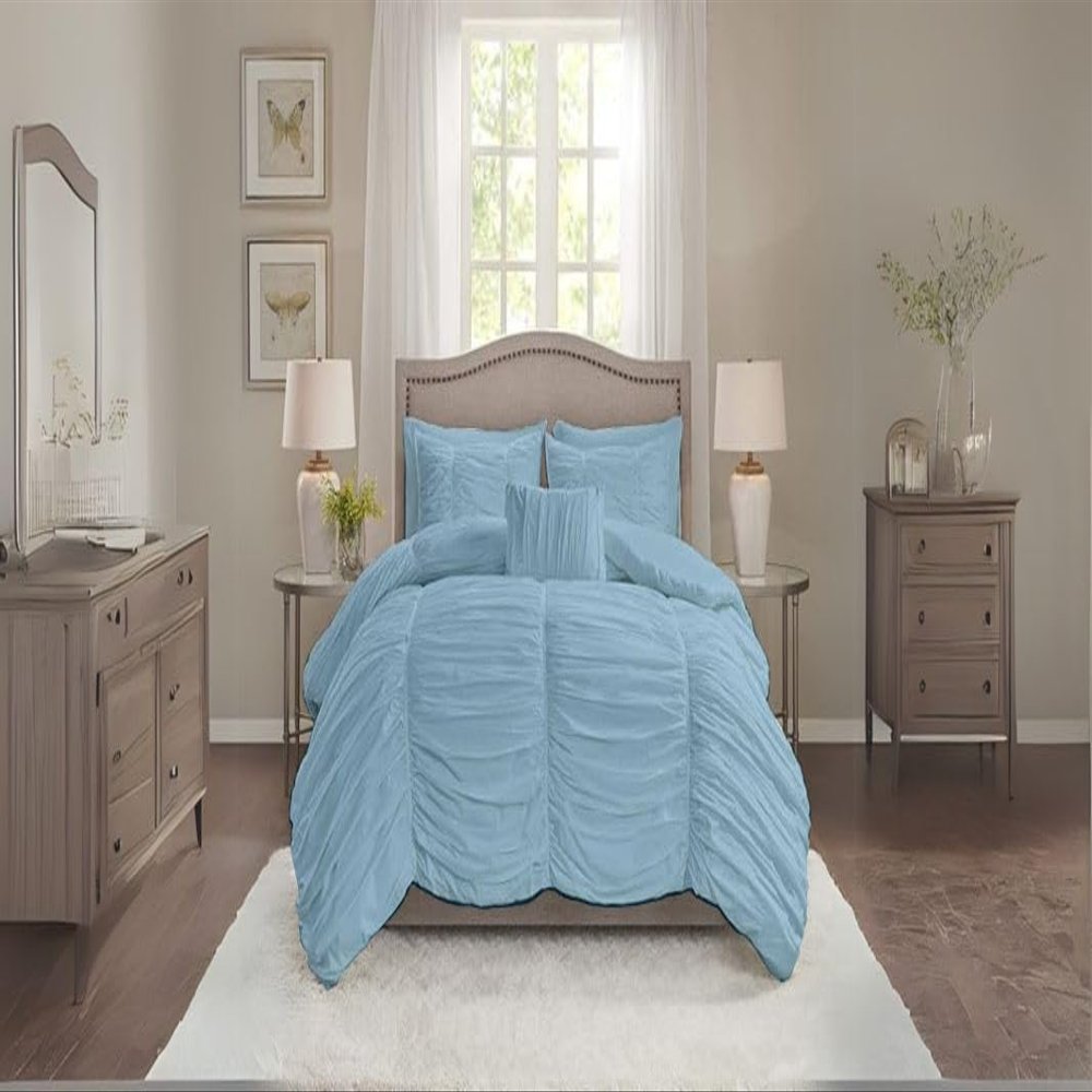 BedDecor 1 Piece Ruched Pattern Duvet Cover with Zipper & Corner Ties 100% Egyptian Cotton 500 Thread Count Premium Hotel Quality Decorative Bedding (Light Blue,Oversized King)