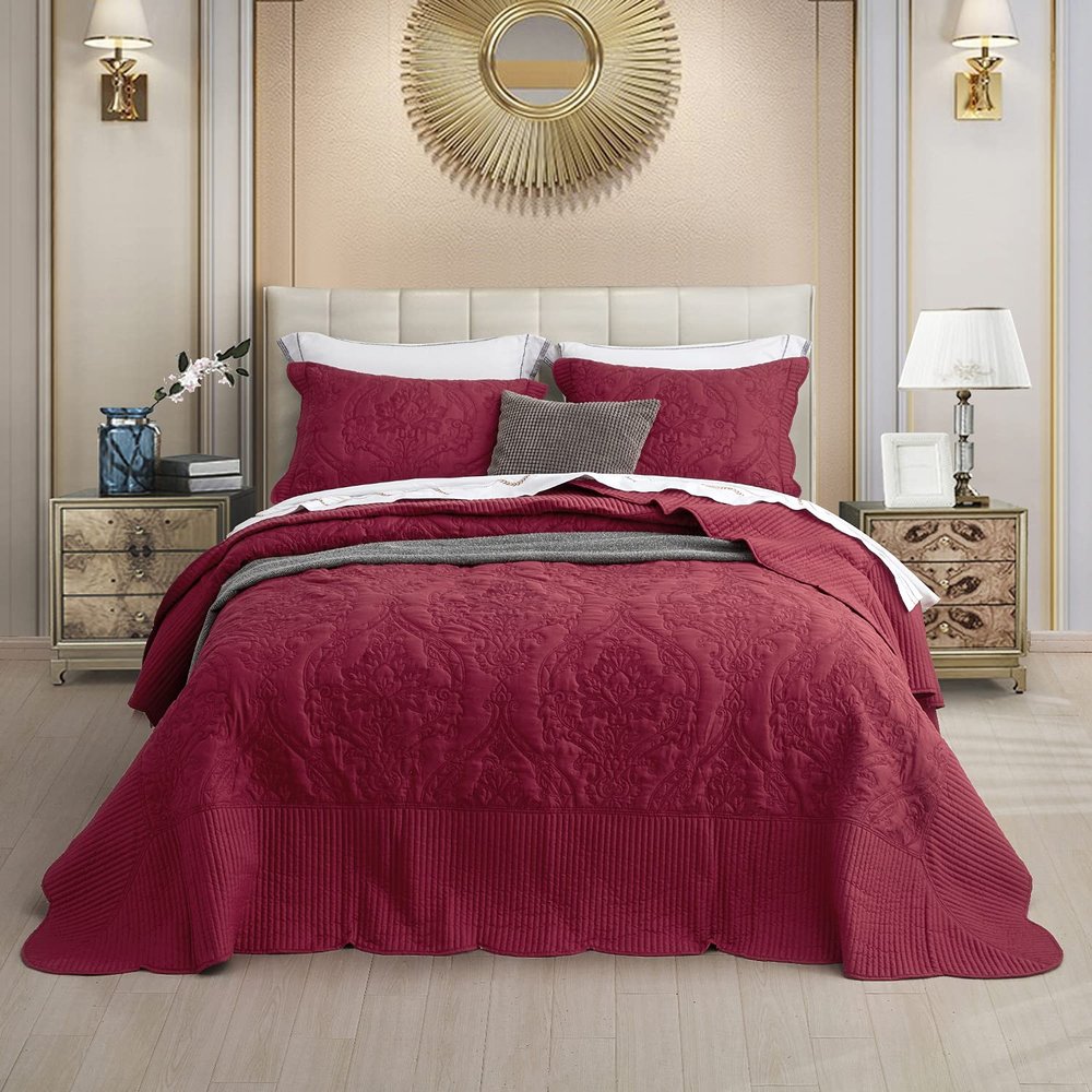 CHIXIN Bedspread Coverlet Quilt Set Full Size - Lightweight Bedding Cover - Beautiful Stitching - 5 Piece Reversible Bedspread - Gorgeous Damask Paisley Pattern (Full, Wine Red)