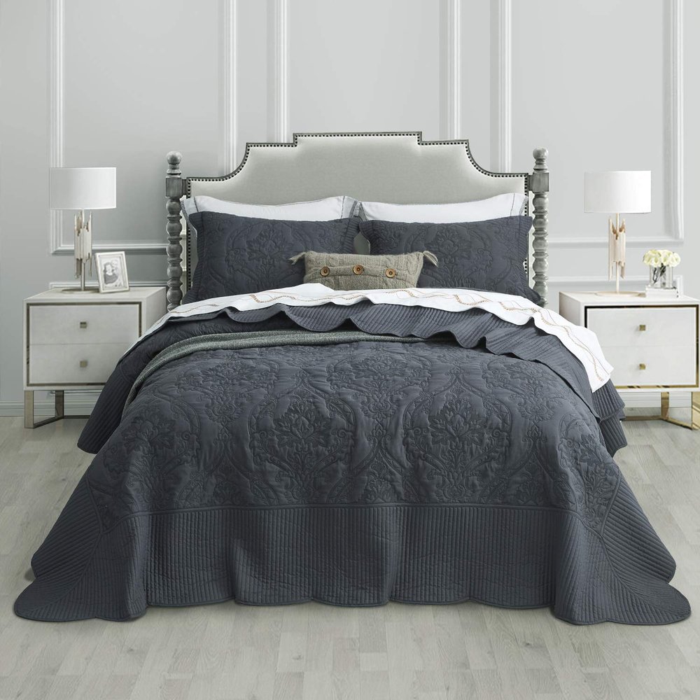 CHIXIN Bedspread Coverlet Quilt Set Full Size - Lightweight Bedding Cover - Beautiful Stitching - 5 Piece Reversible Bedspread - Gorgeous Damask Paisley Pattern (Full, Dark Grey)