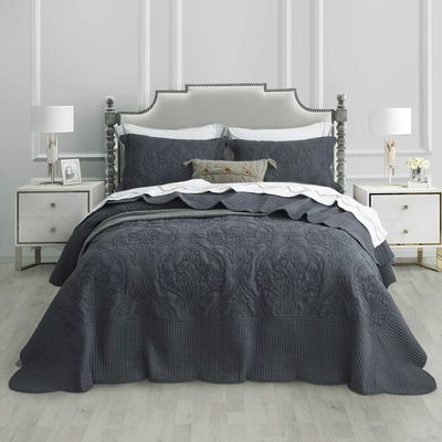 CHIXIN Oversized Bedspread Coverlet Set King Size - Lightweight Bedding Cover - Beautiful Stitching - 4 Piece Reversible Bedspread - Gorgeous Damask Paisley Pattern (King, Dark Grey)
