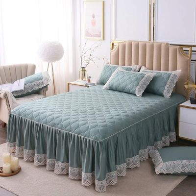 YEARLY Luxury Lace Quilted Bed Skirts Romantic Girls Bed Sheet Elegant Teen Flat Sheet Ultra Soft Thicken Protective Bed Covers Green 59x79inch+pillowcase2