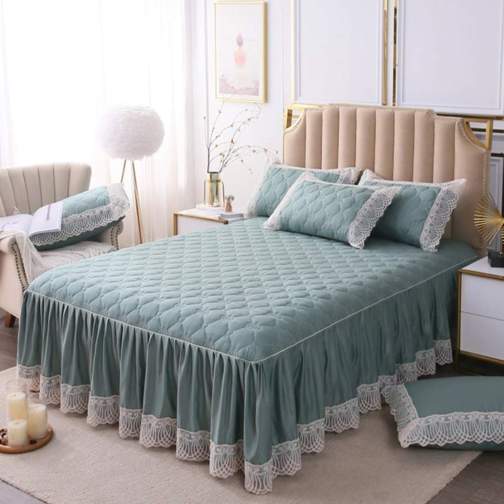 YEARLY Luxury Lace Quilted Bed Skirts Romantic Girls Bed Sheet Elegant Teen Flat Sheet Ultra Soft Thicken Protective Bed Covers Green 59x79inch+pillowcase2