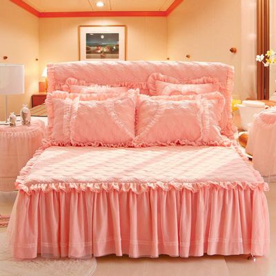 YEARLY Luxury Lace Quilted Bed Skirts Romantic Girls Bed Sheet Elegant Teen Flat Sheet Ultra Soft Thicken Protective Bed Covers Pink B 79x87inch+pillowcase2