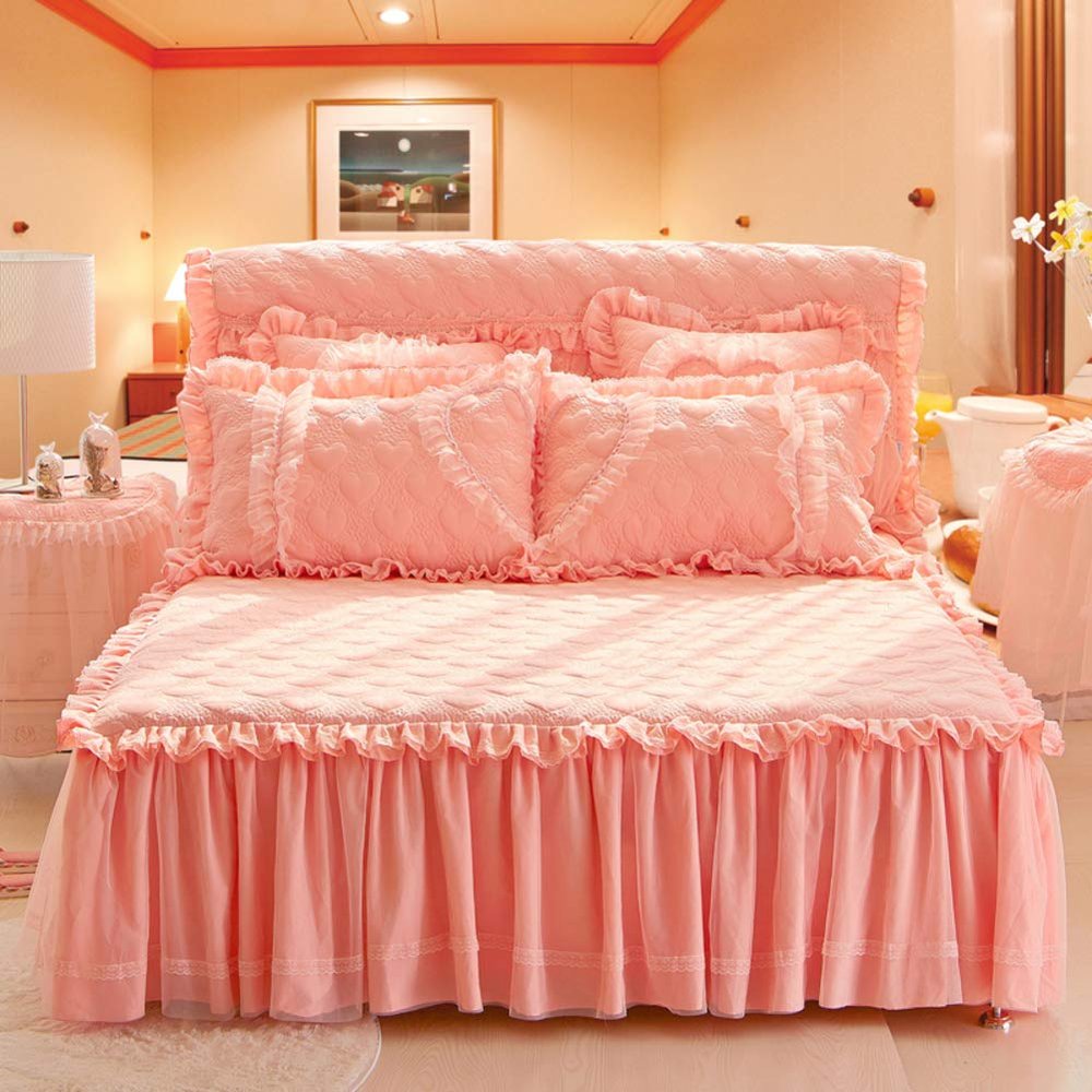 YEARLY Luxury Lace Quilted Bed Skirts Romantic Girls Bed Sheet Elegant Teen Flat Sheet Ultra Soft Thicken Protective Bed Covers Pink B 79x87inch+pillowcase2